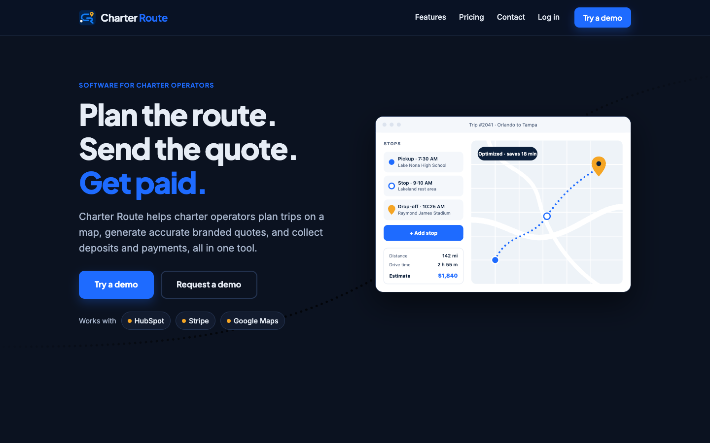 The Charter Route home page, with the headline Plan the route, send the quote, get paid, beside a trip planner showing stops on a map and a price estimate