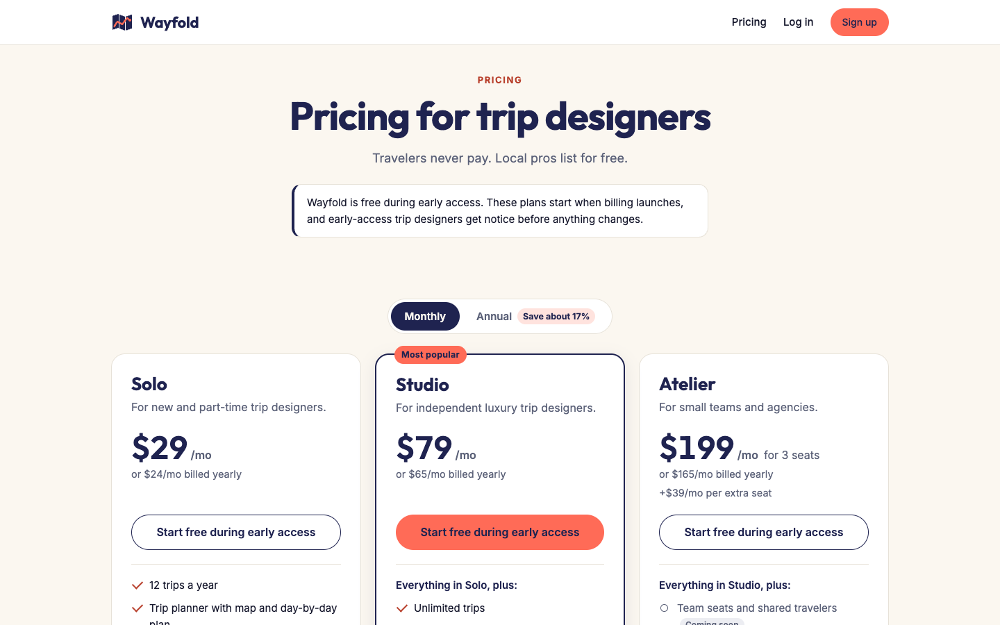 The Wayfold pricing page, showing the Solo, Studio, and Atelier plans for trip designers